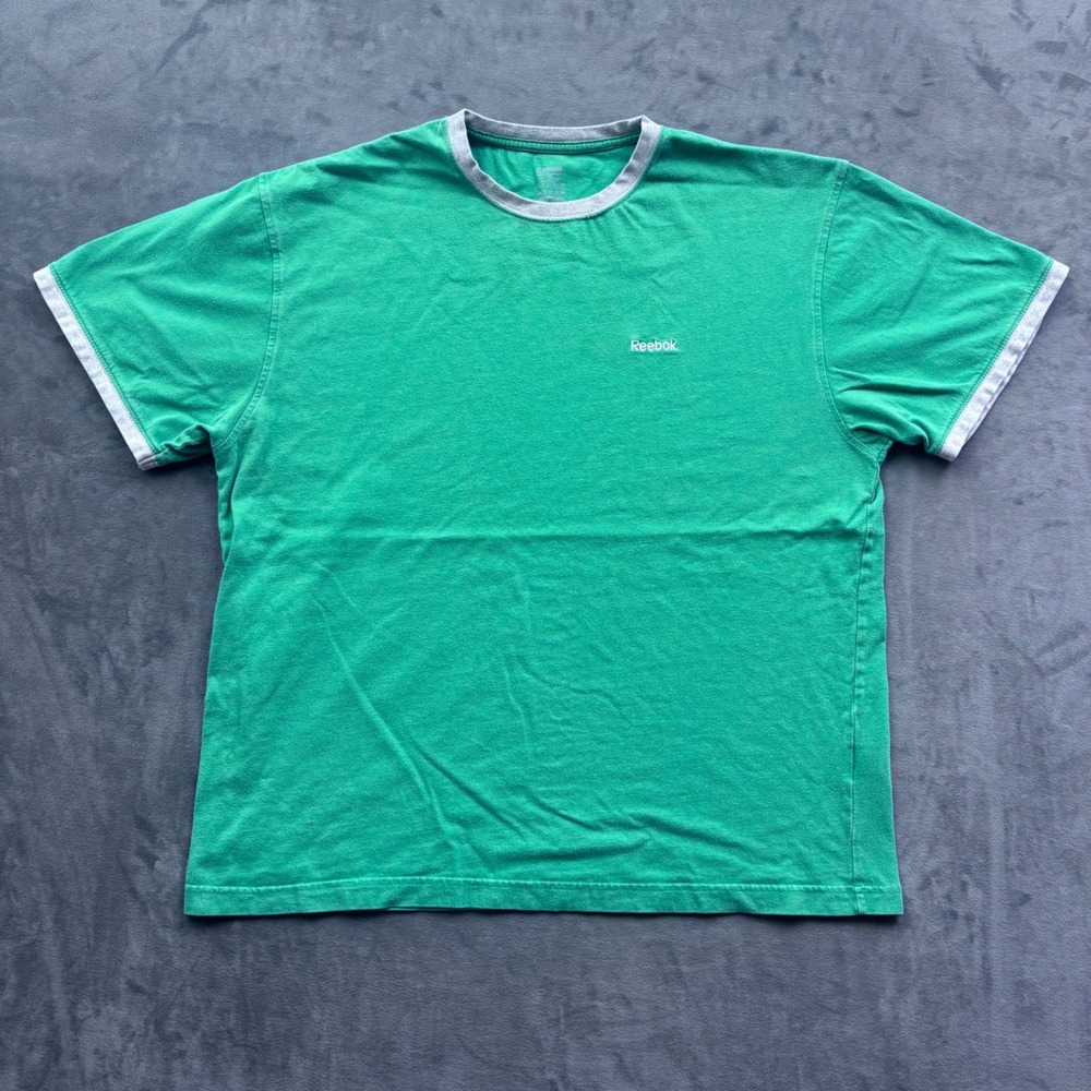 Reebok Mens XL Green Ringer T-Shirt Short Sleeve Cotton Embroidered Logo Tee